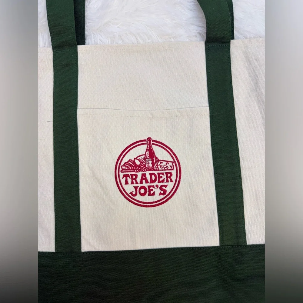 Trader Joe's Canvas Set Large Tote Green & Mini Tote Yellow NWT - Picture 3 of 15